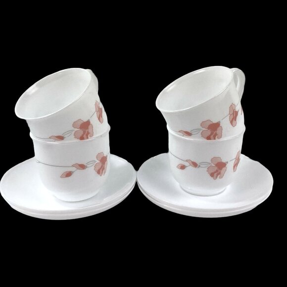 Arcopal Linette Set of 4 Cup & Saucers France White Peach Flowers Gray Stems - Picture 2 of 6